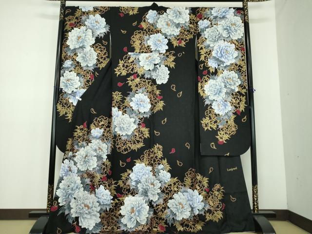 平和屋着物●豪華振袖 刺繍 Luxjewel 牡丹文 黒地 金彩 正絹 逸品 DABD1622ps