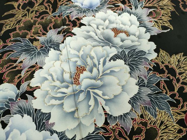 平和屋着物●豪華振袖 刺繍 Luxjewel 牡丹文 黒地 金彩 正絹 逸品 DABD1622ps