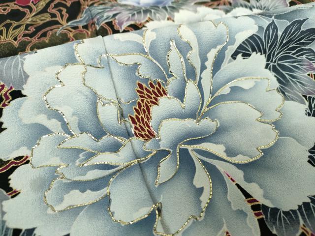 平和屋着物●豪華振袖 刺繍 Luxjewel 牡丹文 黒地 金彩 正絹 逸品 DABD1622ps