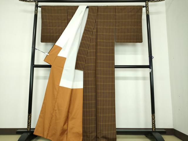 平和屋着物●本場黄八丈 鳶八丈 紬 平織 格子 正絹 逸品 DABD1624ps