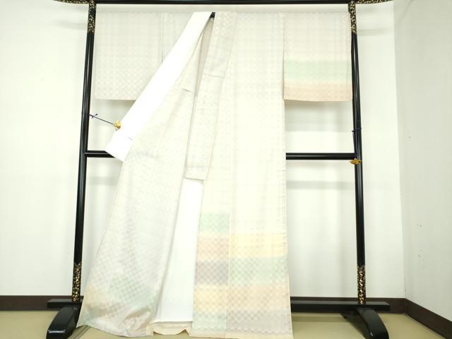 平和屋着物▽訪問着 単衣 お召地 市松文様 ロング丈 正絹 逸品 DABD1633ps