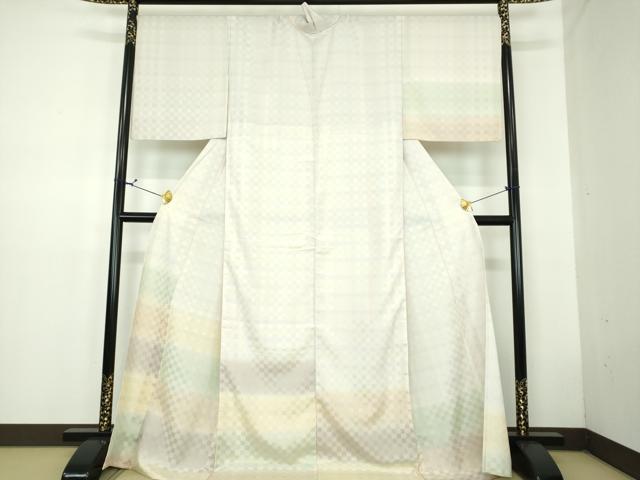 平和屋着物▽訪問着 単衣 お召地 市松文様 ロング丈 正絹 逸品 DABD1633ps