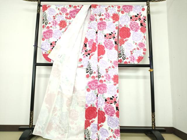 平和屋着物●小振袖 二尺袖 舞蝶花文 金彩 洗える着物 DABD1686ps