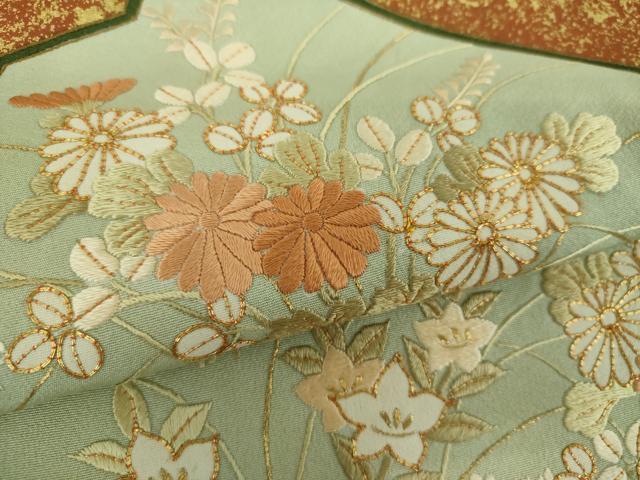 平和屋着物●京都の和装業の老舗一門 千切屋治兵衛 訪問着 駒刺繍 総刺繍 秋草文 金彩 反端付き 正絹 逸品 DABD1698ps