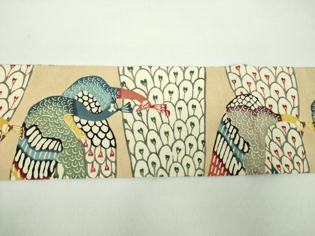 平和屋着物●九寸名古屋帯 紅型 孔雀文 お召縮緬 正絹 逸品 DABD1713ps