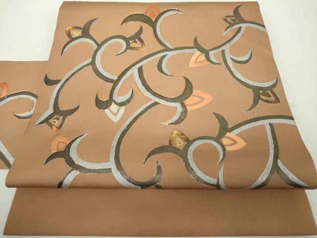 平和屋着物●塩瀬 九寸名古屋帯 駒刺繍 花唐草文 金銀彩 正絹 逸品 DABD1714ps