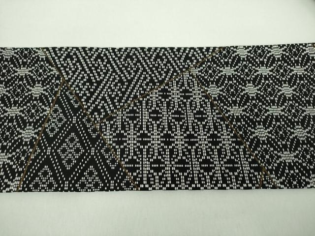 平和屋着物●九寸名古屋帯 刺し子 総刺繍 切嵌文様 黒地 正絹 逸品 未使用 DABD1723ps
