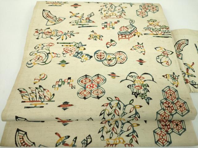 平和屋着物●九寸名古屋帯 紬地 紅型 吉祥花鳥文 正絹 逸品 DABD1724ps