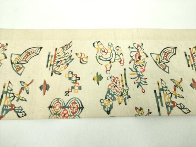 平和屋着物●九寸名古屋帯 紬地 紅型 吉祥花鳥文 正絹 逸品 DABD1724ps