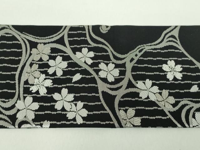 平和屋着物●九寸名古屋帯 流水桜 黒地 銀糸 正絹 逸品 DABD1731ps