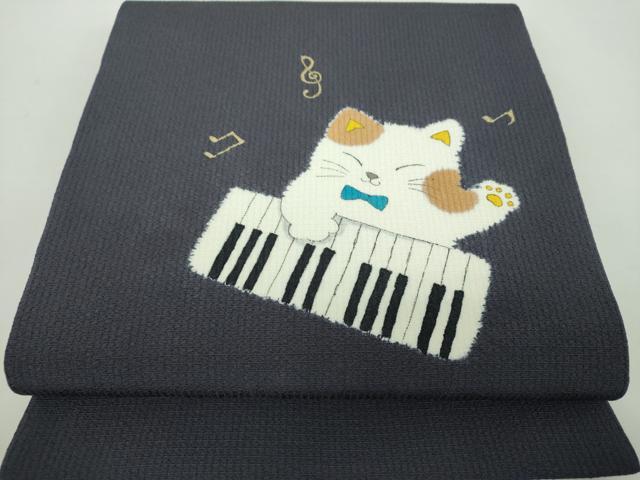 平和屋着物●九寸開き名古屋帯　絞り　手描き　猫　ピアノ　金彩　正絹　逸品　DABD1733ps 平和屋着物○九寸開き名古屋帯 絞り 手描き 猫 ピアノ 金彩 正絹 逸品