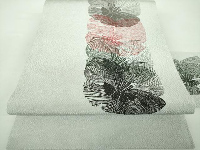 平和屋着物●九寸名古屋帯 作家物 型染 舞花文 鬼しぼ縮緬 正絹 逸品 未使用 DABD1778ps
