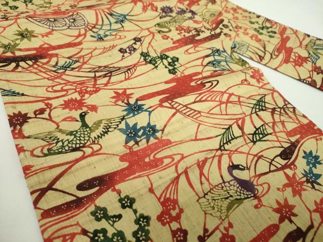 平和屋着物▽九寸名古屋帯 スリーシーズン 春夏秋 生紬 紅型 竜田川 花鳥文 正絹 逸品 未使用 DABD1790ps