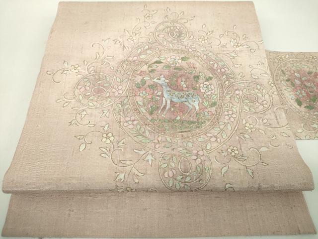 平和屋着物○九寸名古屋帯 生紬 手描き 鹿花文 金彩 正絹