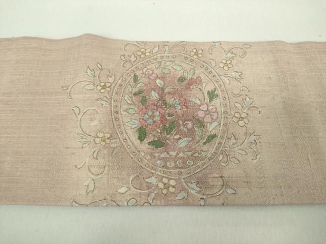 平和屋着物●九寸名古屋帯 生紬 手描き 鹿花文 金彩 正絹 逸品 DABD1793ps