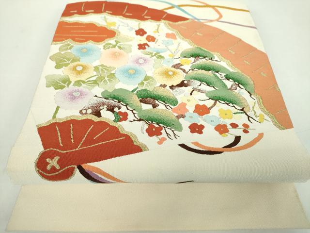 平和屋着物●爪掻き本綴れ　八寸名古屋帯　檜扇花文　金銀糸　正絹　逸品　DABD1800ps 平和屋着物○爪掻き本綴れ 八寸名古屋帯 檜扇花文