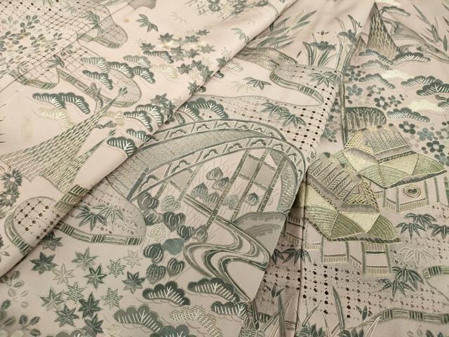 平和屋着物●中国三大刺繍 スワトウ刺繍 汕頭刺繍 総刺繍 訪問着 渡橋風景花文 金糸 ますいわ屋扱い 正絹 逸品 DABD1849ps