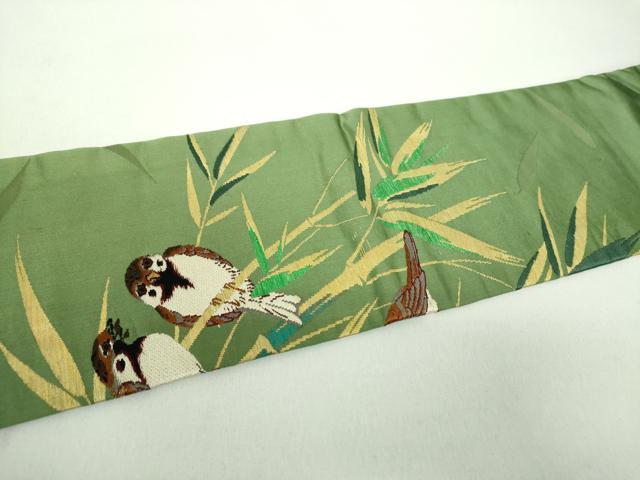 平和屋着物●アンティーク 大正ロマン 九寸名古屋帯 笹竹に雀 金糸 正絹 逸品 DABD1954ps