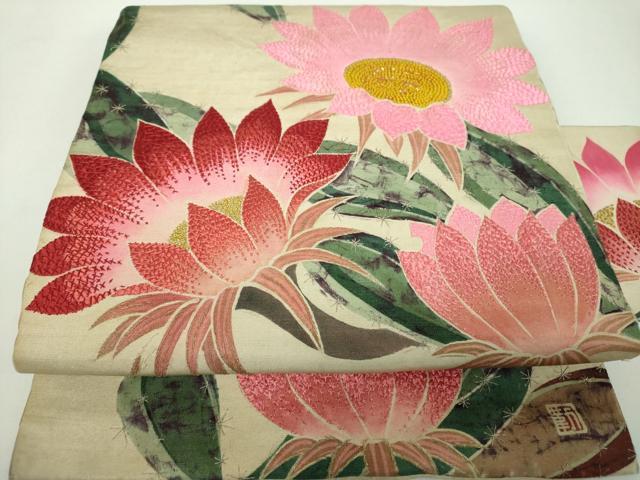 平和屋着物●アンティーク　大正ロマン　中国三大刺繍　相良刺繍　九寸名古屋帯　作家物　手刺繍　サボテンの花　正絹　逸品　DABD1955ps 平和屋着物○アンティーク 大正ロマン 中国三大刺繍 相良刺繍 九寸名古屋