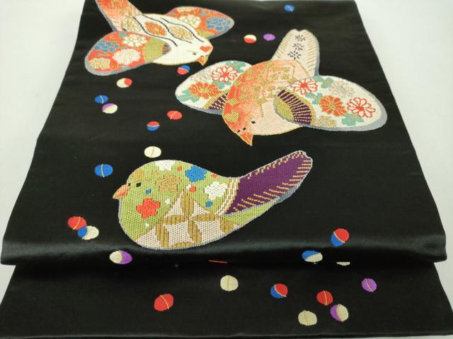 平和屋着物●アンティーク 大正ロマン 九寸名古屋帯 駒刺繍 総刺繍 鳥花文 黒地 金銀糸 正絹 逸品 DABD1957ps
