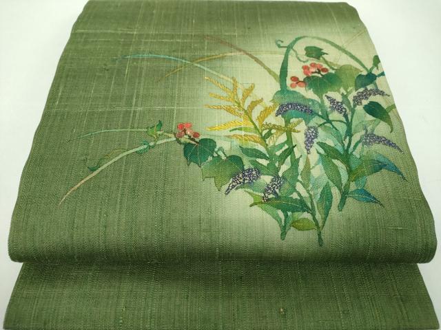 平和屋着物●九寸開き名古屋帯　生紬　手描き　葡萄蔦の葉花文　金彩　正絹　逸品　DABD1962ps 平和屋着物○九寸開き名古屋帯 生紬 手描き 葡萄蔦の葉
