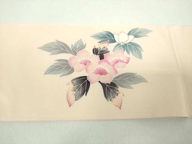 平和屋着物●塩瀬 九寸名古屋帯 友禅 作家物 枝花文 正絹 逸品 未使用 DABD1965ps