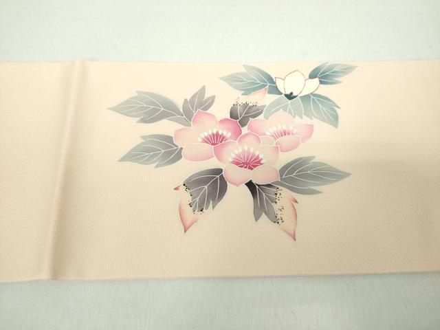 平和屋着物●塩瀬 九寸名古屋帯 友禅 作家物 枝花文 正絹 逸品 未使用 DABD1965ps