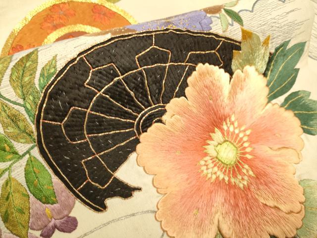 平和屋着物●アンティーク 大正ロマン 九寸名古屋帯 駒刺繍 総刺繍 片輪車花文 金糸 正絹 逸品 DABD2030du
