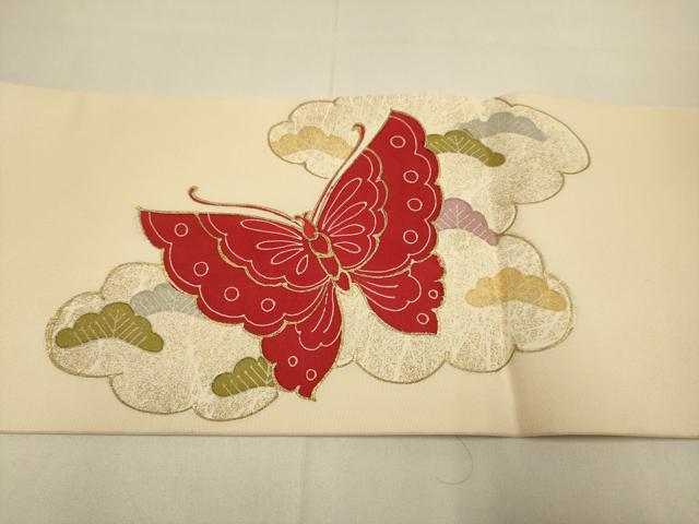 平和屋着物●塩瀬 九寸名古屋帯 駒刺繍 舞蝶雲取花松文 金彩 正絹 逸品 DABD2054du