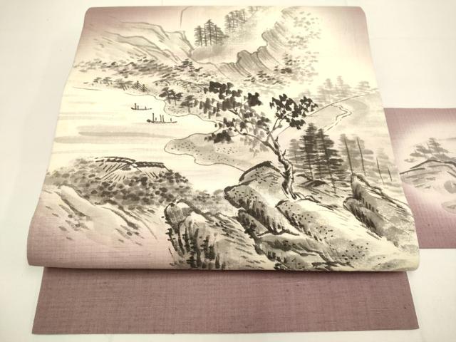 平和屋着物●九寸名古屋帯 手描き 紬地 風景文 正絹 逸品 DABD2087du