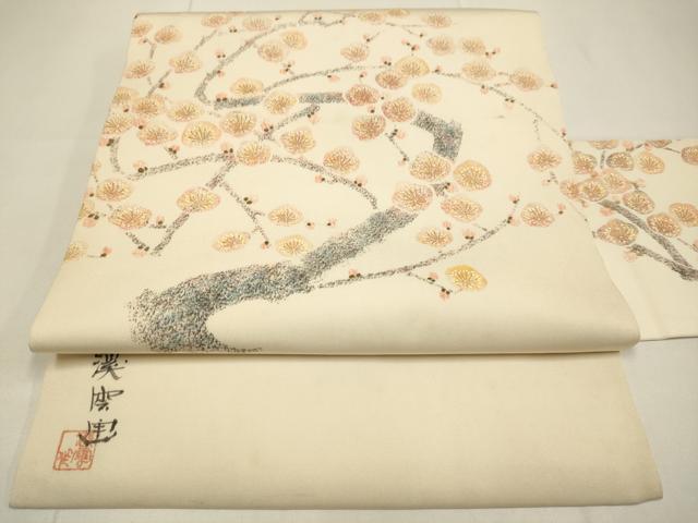 平和屋着物●塩瀬 九寸名古屋帯 作家物 枝梅文 金彩 正絹 逸品 DABD2119du