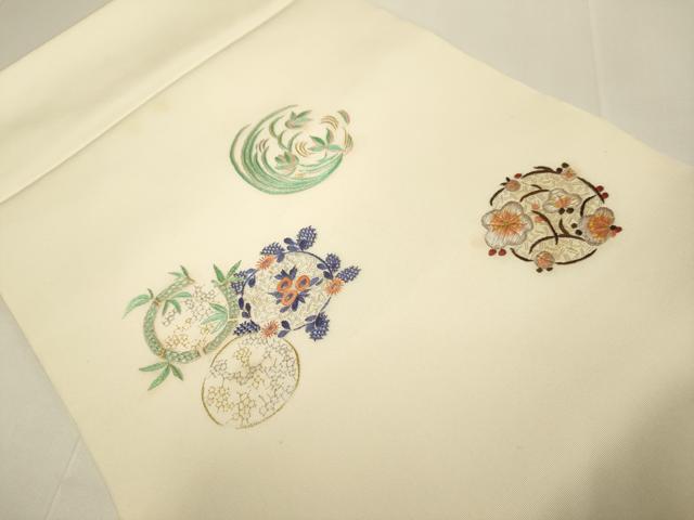 平和屋着物●塩瀬 九寸開き名古屋帯 総刺繍 草花丸文 正絹 逸品 DABD2140du