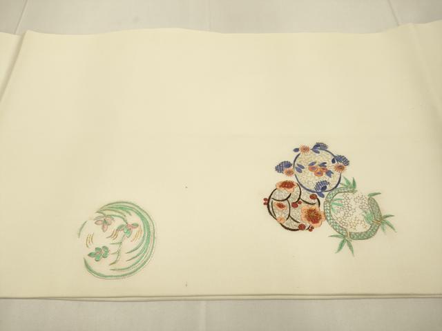 平和屋着物●塩瀬 九寸開き名古屋帯 総刺繍 草花丸文 正絹 逸品 DABD2140du