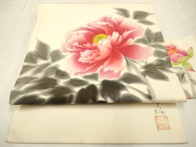 平和屋着物●塩瀬 東京友禅 熊谷好博子 九寸名古屋帯 手描き 牡丹文 正絹 逸品 DABD2144du