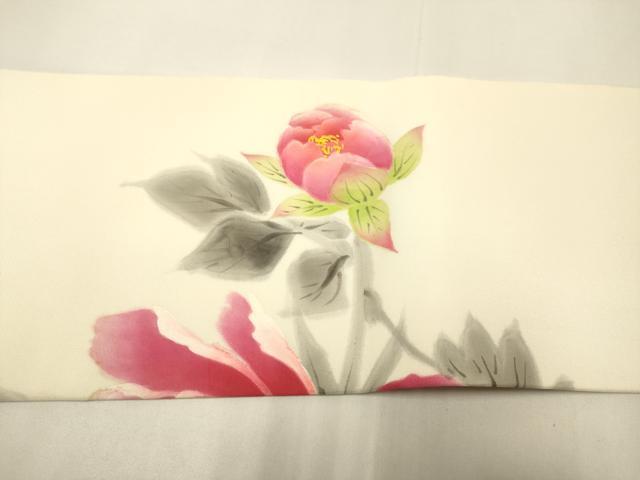 平和屋着物●塩瀬 東京友禅 熊谷好博子 九寸名古屋帯 手描き 牡丹文 正絹 逸品 DABD2144du