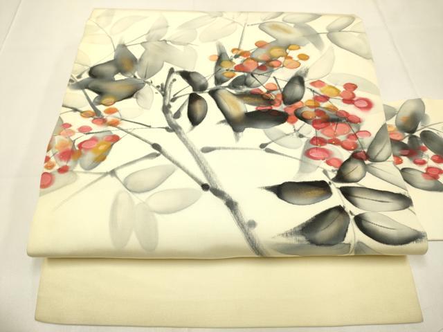 平和屋着物●塩瀬 九寸名古屋帯 作家物 手描き 南天文 金彩 正絹 逸品 DABD2145du