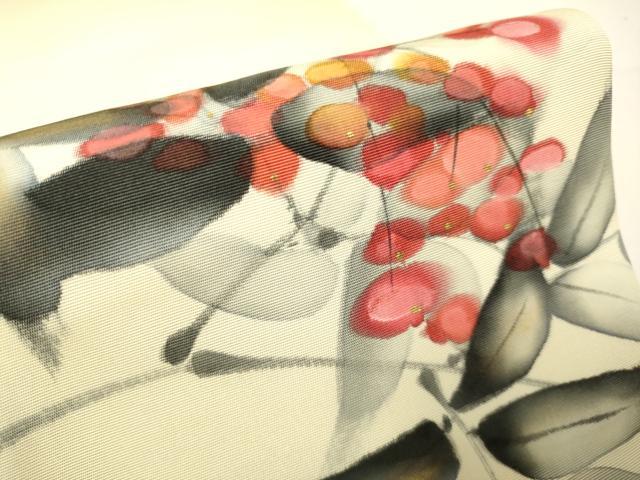 平和屋着物●塩瀬 九寸名古屋帯 作家物 手描き 南天文 金彩 正絹 逸品 DABD2145du