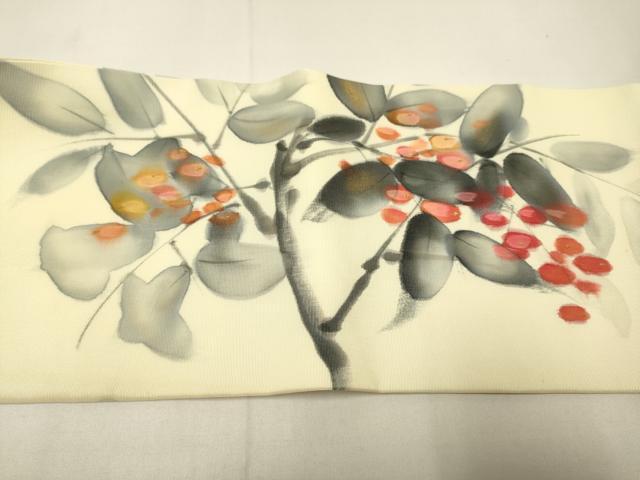 平和屋着物●塩瀬 九寸名古屋帯 作家物 手描き 南天文 金彩 正絹 逸品 DABD2145du