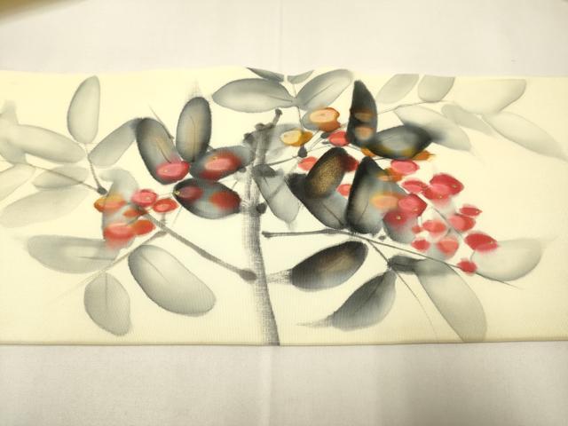 平和屋着物●塩瀬 九寸名古屋帯 作家物 手描き 南天文 金彩 正絹 逸品 DABD2145du