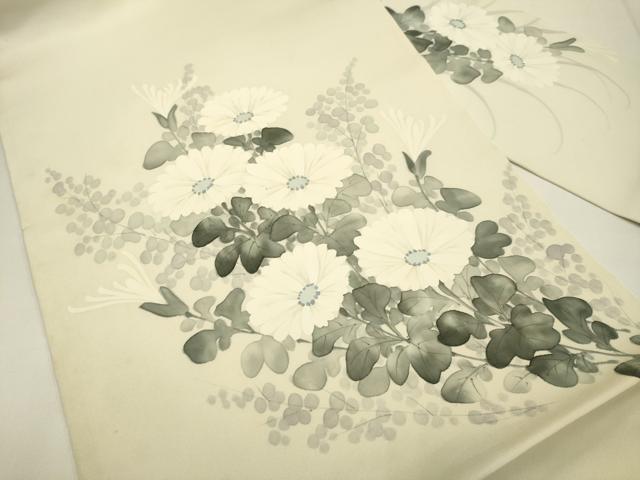 平和屋着物●塩瀬 九寸名古屋帯 手描き 菊 正絹 逸品 DABD2146du