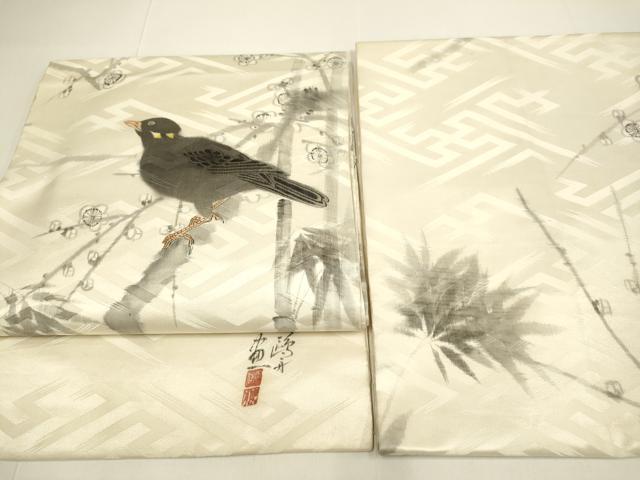 平和屋着物●アンティーク 大正ロマン つけ帯 作家物 手描き 枝梅に休み鳥 烏 カラス 正絹 逸品 DABD2228du