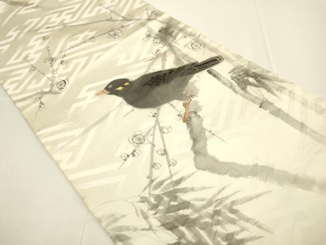 平和屋着物●アンティーク 大正ロマン つけ帯 作家物 手描き 枝梅に休み鳥 烏 カラス 正絹 逸品 DABD2228du