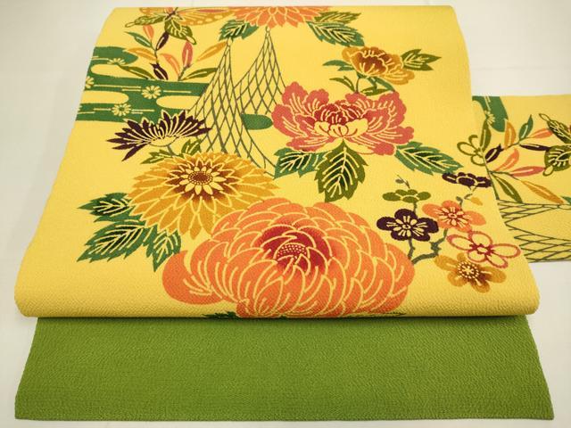 平和屋着物●全通柄九寸名古屋帯 型染 飛鶴花蝶文 鬼しぼ縮緬 正絹 逸品 DABD2246du