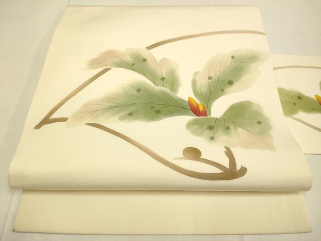 平和屋着物●塩瀬 九寸名古屋帯 手描き 枝花文 正絹 逸品 DABD2254du