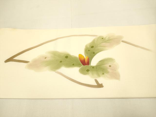平和屋着物●塩瀬 九寸名古屋帯 手描き 枝花文 正絹 逸品 DABD2254du