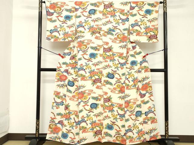 平和屋着物■上質な小紋 型染め 流水枝花文 暈し染め 鬼しぼ縮緬 正絹 逸品 DABD2577cd