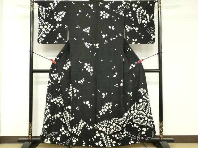 平和屋着物▽訪問着 単衣 紬地 絞り 草花文 黒地 正絹 逸品 DABD2885cd