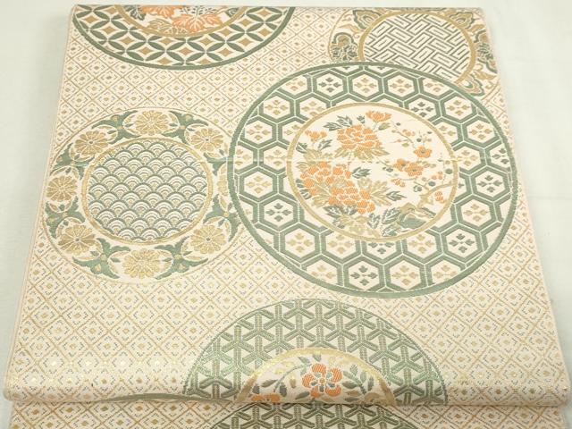 平和屋着物▼六通柄 本袋帯 草花丸文 金更紗 正絹 逸品 DABD3057sf