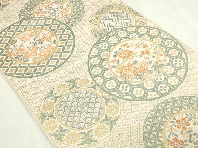 平和屋着物▼六通柄 本袋帯 草花丸文 金更紗 正絹 逸品 DABD3057sf