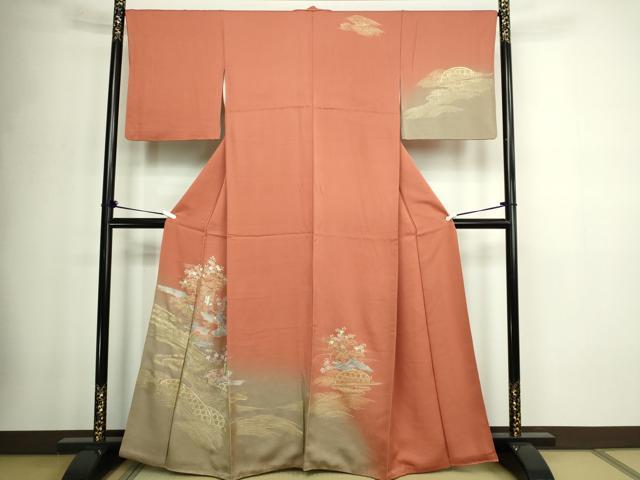 平和屋着物●訪問着　手描き　人物風景文　暈し染め　金彩　正絹　逸品　AABG6701cs 平和屋着物○訪問着 草花文 暈し染め 金彩 正絹 逸品 AABI0600ph